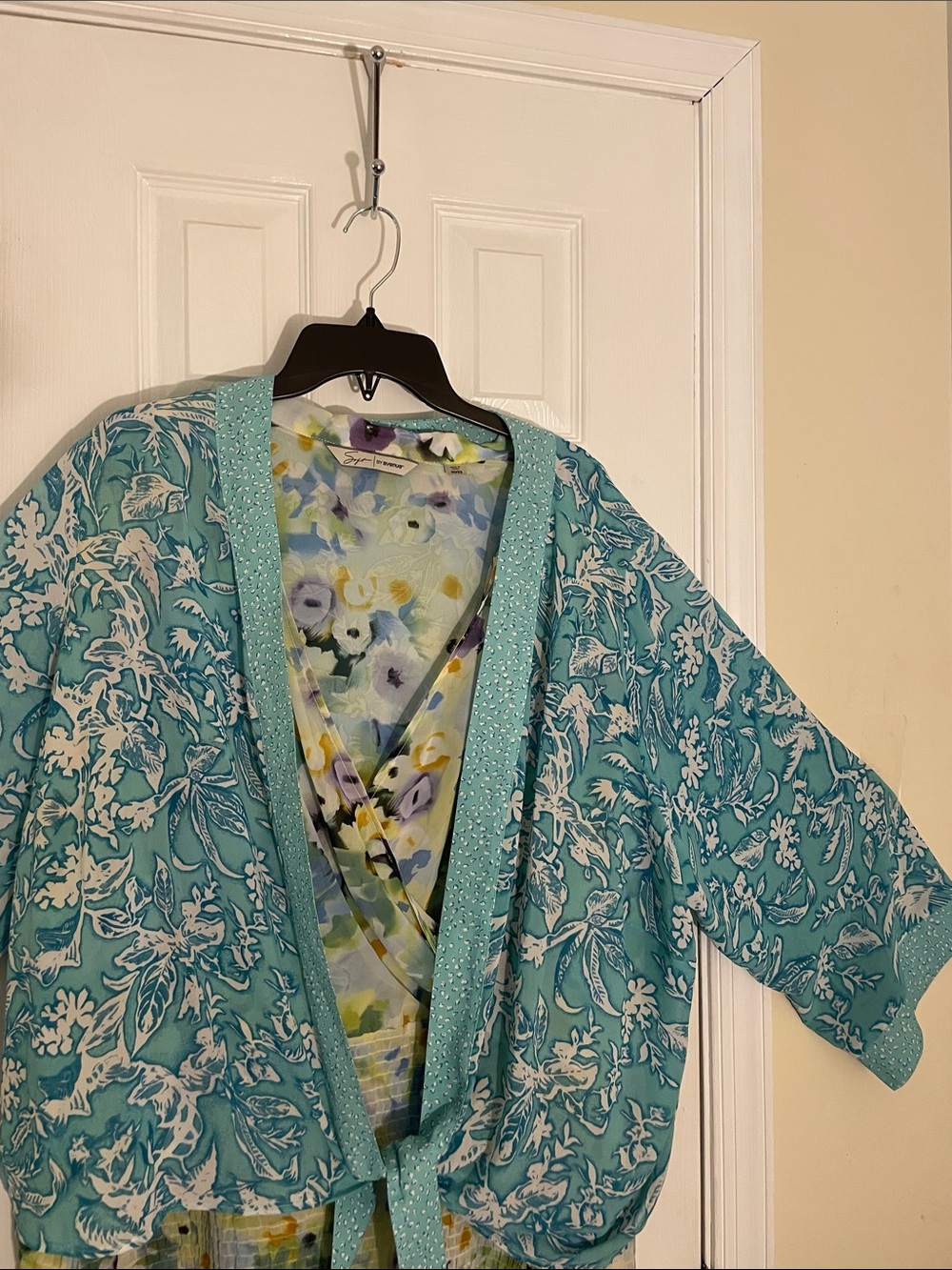 Kim Gravel Aqua Banded Tie Front Kimono 3/4X